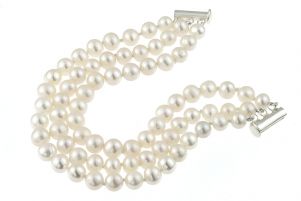 Bratara trei siraguri din perle naturale 6 - 8 mm A si argint