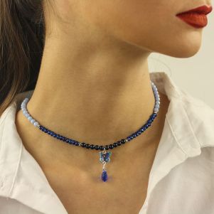 Colier fluture din acvamarin, lapis si jad pentru fete