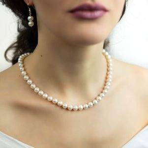 Set clasic din perle naturale albe 7 - 9 mm AA si argint