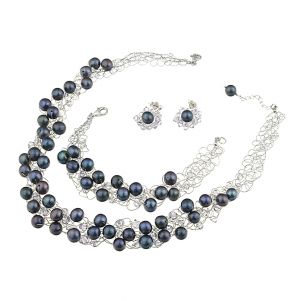 Set crosetat din perle naturale negre, cristale Preciosa si argint