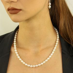 Set perle naturale albe ovale si argint