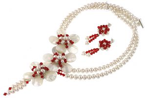 Set flori din sidef, perle naturale si cristale Swarovski