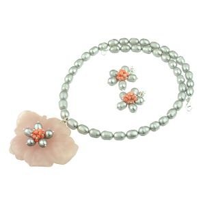 Set floare cuart roz, coral si perle de cultura