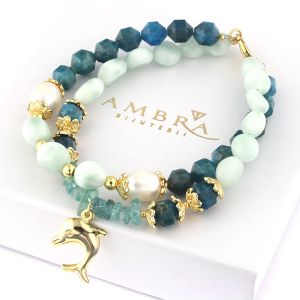 Bratara "Aqua Terra" din apatit, angelit, perle naturale si elemente placate cu aur 18k