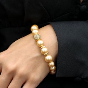 Bratara din perle de Mallorca, rhinestone si elemente placate cu aur 18k