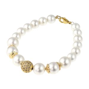 Bratara din perle de Mallorca, rhinestone si elemente placate cu aur 18k