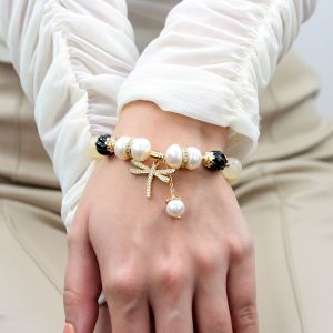 Bratara "Golden Glam" din perle naturale, agat, cuart si elemente placate cu aur 18k