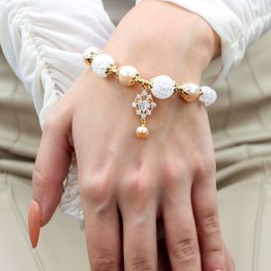 Bratara "Ice Pearl" din cristale, perle naturale si elemente placate cu aur 18k