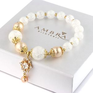 Bratara "Ice Pearl" din cristale, perle naturale si elemente placate cu aur 18k