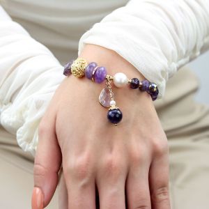 Bratara "Purple Delight" din ametist, perle si elemente placate cu aur 18k