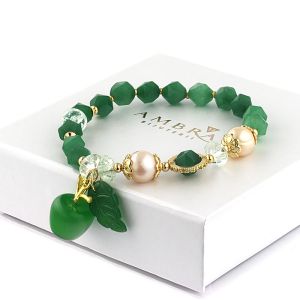 Bratara "Mar verde" din jad, agat, perle naturale si elemente placate cu aur 18k