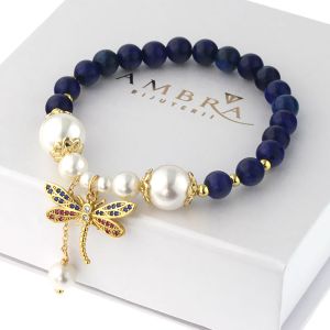 Bratara "Sunset Dragonfly" din perle de Mallorca, lapis lazuli si elemente placate cu aur 18k