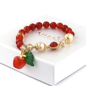 Bratara "Mar rosu" din agat rosu, perle naturale si elemente placate cu aur 18k