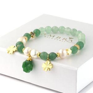 Bratara "Good Luck" din aventurin, perle naturale si elemente placate cu aur 18k