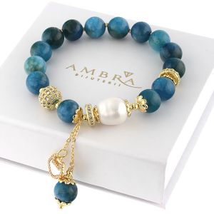 Bratara din perle naturale, jad si elemente din alama placata cu aur 18k