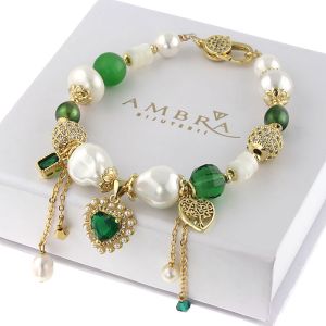 Bratara "Emerald Love" din perle, ochi de pisica si cristale