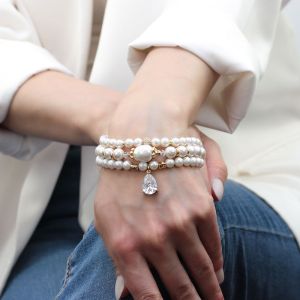 Set bratari "White Glam" din perle de Mallorca si cristale