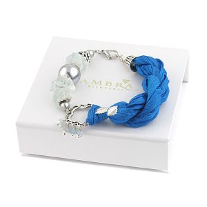 Bratara "Electric Blue" din acvamarin, perle de Mallorca si matase naturala