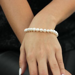 Bratara perle naturale rotunde, albe, 6 - 8 mm AAA si argint