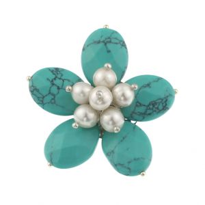 Brosa floare din turcoaz si perle naturale