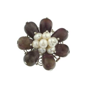 Brosa floare ametist si perle naturale