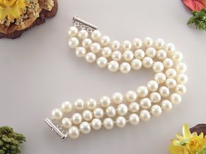 Bratara trei siraguri din perle naturale 7 - 9 mm AA si argint