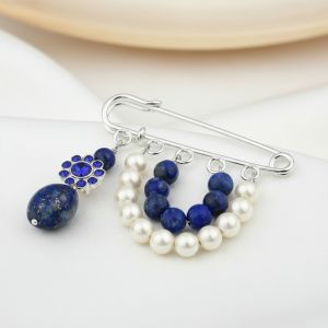 Brosa agrafa din lapis lazuli si perle de Mallorca