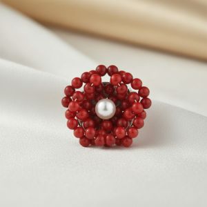 Brosa din coral rosu si perla de cultura