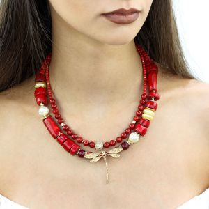 Set doua coliere din coral, perle naturale si elemente placate cu aur 18k