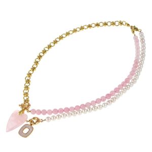 Set doua coliere din perle de Mallorca, cuart roz si lant placat cu aur 18k