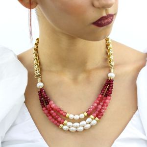 Colier multisir din perle naturale, jad si elemente placate cu aur 18k