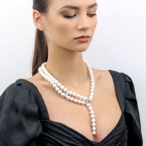 Colier asimetric din perle de Mallorca, rhinestone si argint