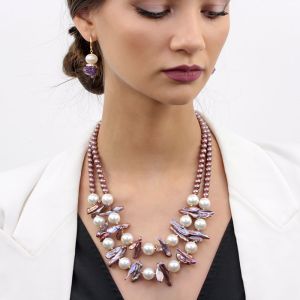 Colier doua siraguri din perle Biwa si perle de Mallorca