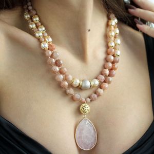 Set doua coliere din piatra lunii, perle naturale si cuart roz