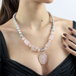 Colier din cuart roz, perle naturale si elemente placate cu aur 18k