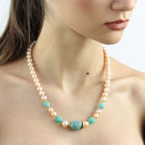 Colier din amazonit, perle naturale si elemente placate cu aur 18k