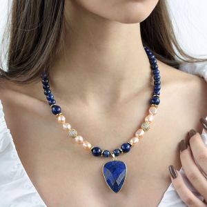 Colier din lapis lazuli, perle naturale si elemente placate cu aur 18k