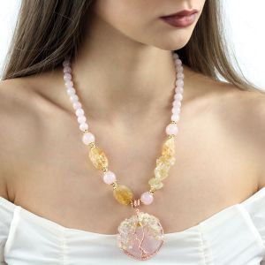 Colier "Magnolie Galbena" din citrin, cuart roz si elemente placate cu aur 18k