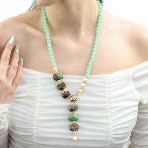 Colier lung "Terranova" din perle naturale, boulder opal si jad