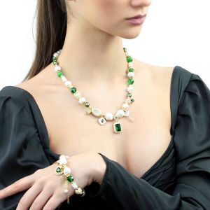 Colier "El Dorado" din perle, sidef si rhinestone