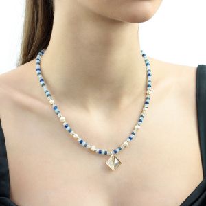 Colier "The Briny Deep" din perle naturale, jad si elemente placate cu aur 18k