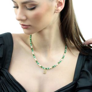 Colier "Green Garden" din perle naturale, jad si elemente placate cu aur 18k