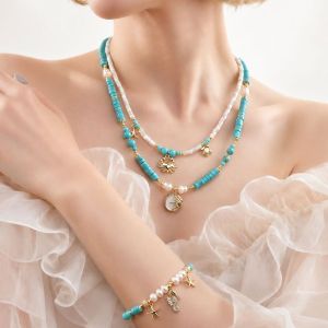 Set doua coliere "Seaside" din turcoaz, sidef si perle naturale