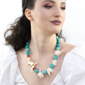 Colier "Santorini" din amazonit, coral si sidef