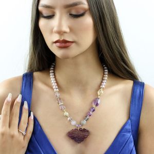 Colier "Frozen Butterfly" din fluorina, ametist si perle naturale