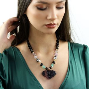 Colier "Fluture De Noapte" din agat, fluorina si ochi de pisica
