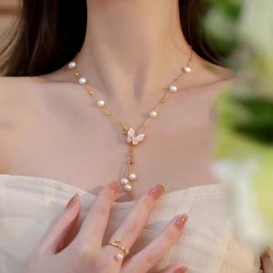 Colier "White butterfly" placat cu aur si perle naturale