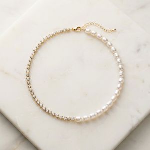 Colier "Pearls and sparkle" placat cu aur, perle naturale si cristale