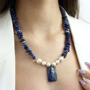 Colier "Tulip of the night" din lapis lazuli si perle