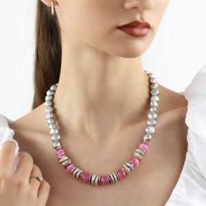 Colier "Pink Catwalk" din perle naturale si ochi de pisica